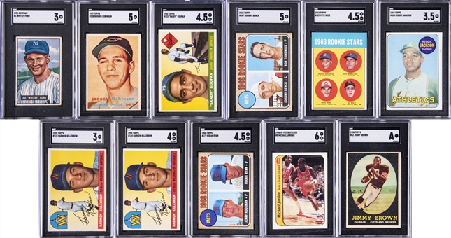 1951-1986/87 Topps, Bowman and Fleer Multi-Sports Hall of Famers and Stars SGC-Graded Rookie Cards Collection (11) – Featuring Jordan, Brown, Koufax, Ryan, Bench and Rose